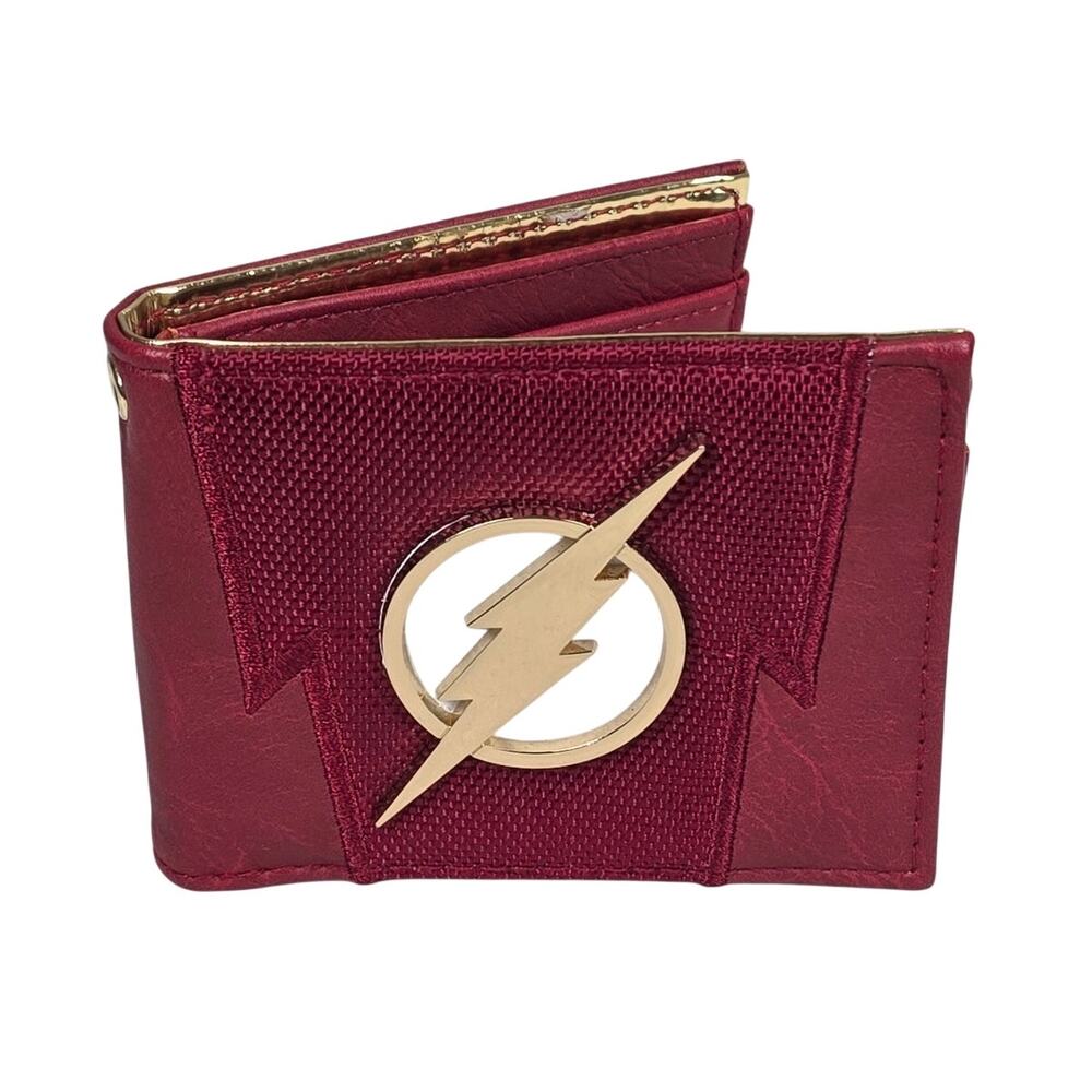 DC COMICS THE FLASH SUIT UP BI‑FOLD RED WALLET – GOLD EMBLEM – CARD & ID SLOTS